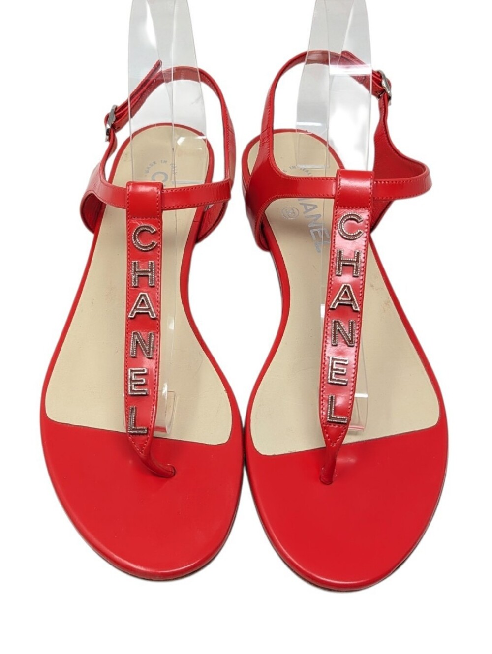 Chanel Red "CHANEL" Logo Slingback T-Strap Thong Sandals Size EU 41
